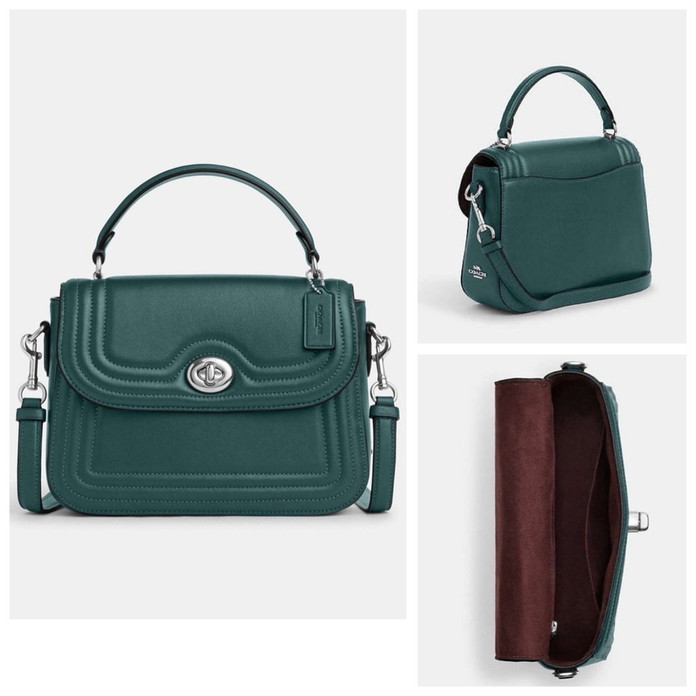 Coach Marlie Top Handle Satchel w/ Border Quilting Leather in Metallic Green - Picture 4 of 11